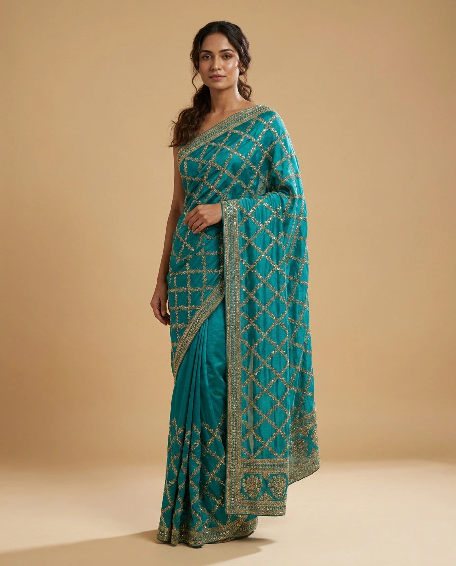 Wrinkle Satin Saree with Hand-Embroidered Floral Motif Work view 9