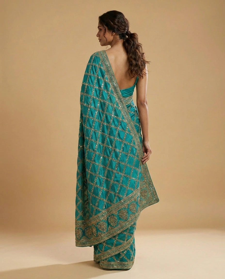 Wrinkle Satin Saree with Hand-Embroidered Floral Motif Work view 10