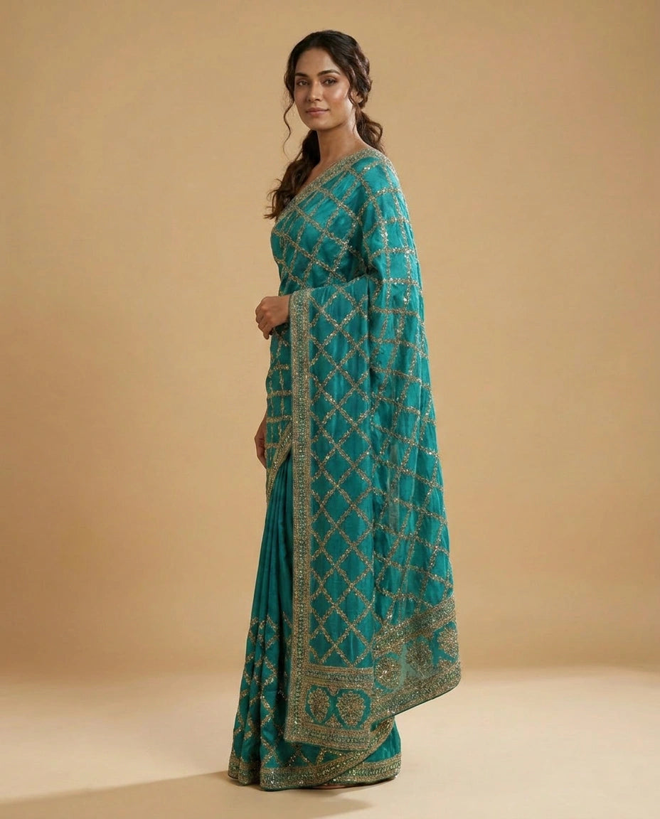 Wrinkle Satin Saree with Hand-Embroidered Floral Motif Work view 11