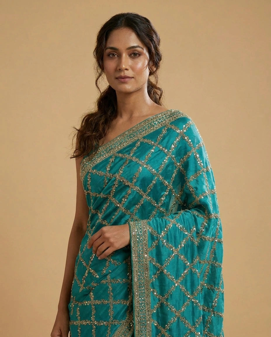Wrinkle Satin Saree with Hand-Embroidered Floral Motif Work view 12