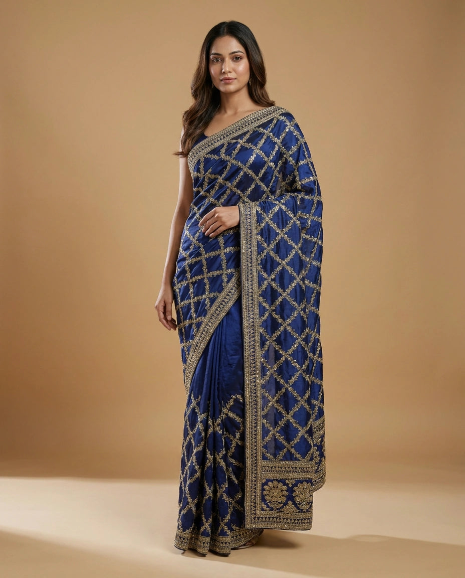 Royal Blue Wrinkle Satin Saree with Hand-Embroidered Floral Motif Work
