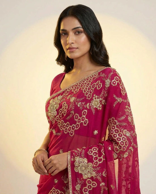 Organza Saree with Embroidered Scalloped Border for Women - Rangoli India