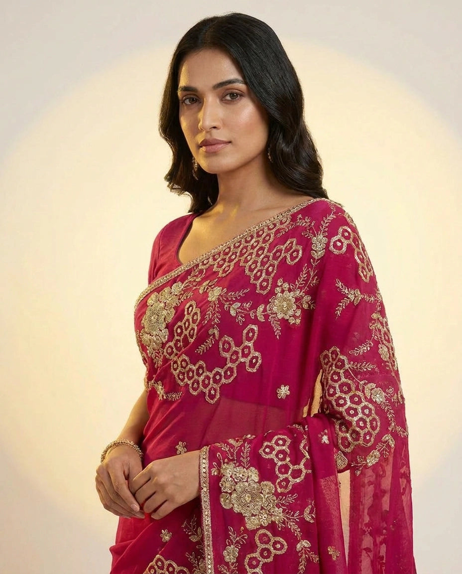 Organza Saree with Embroidered Scalloped Border for Women - Rangoli India
