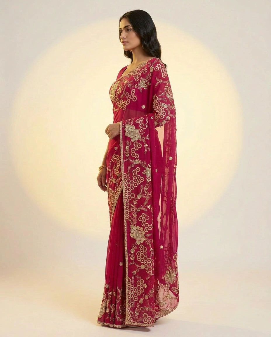 Organza Saree with Embroidered Scalloped Border for Women - Rangoli India