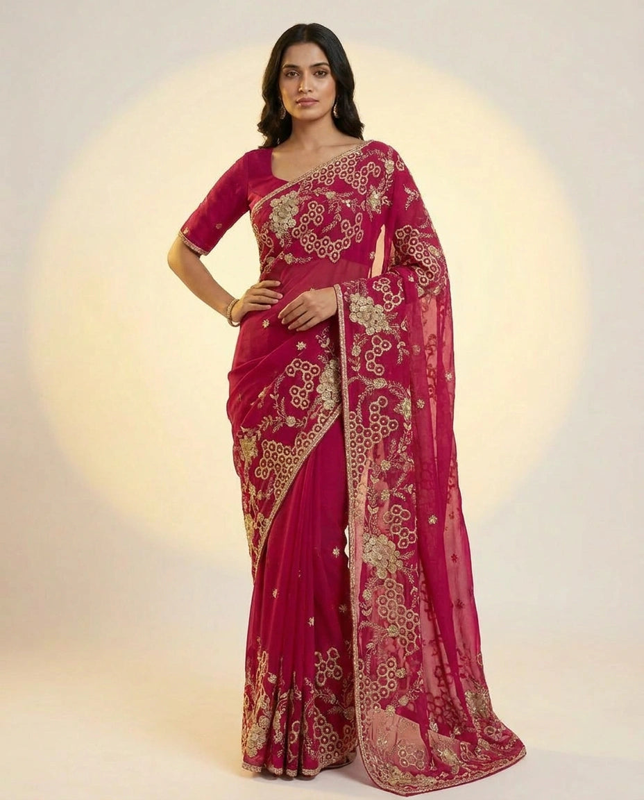 Organza Saree with Embroidered Scalloped Border for Women - Rangoli India
