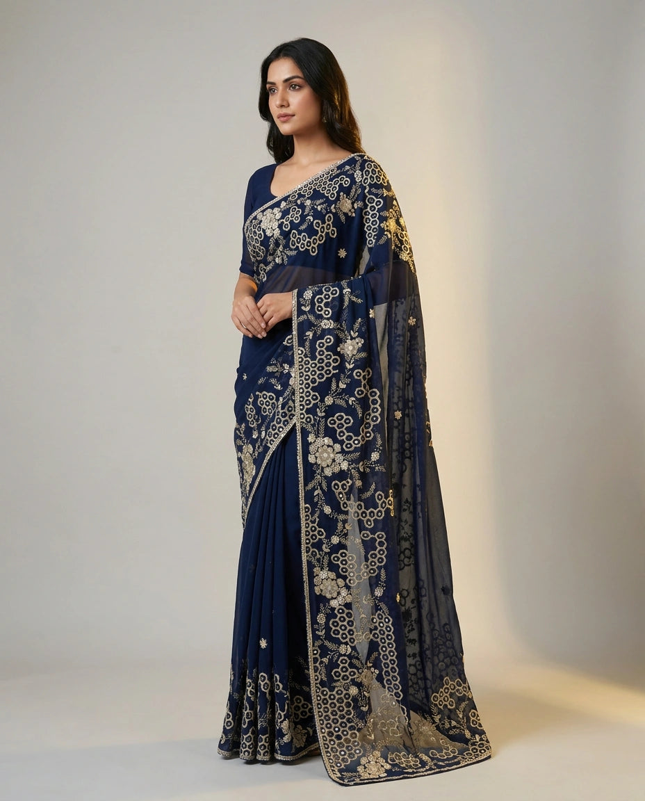 Organza Saree with Embroidered Scalloped Border for Women - Rangoli India