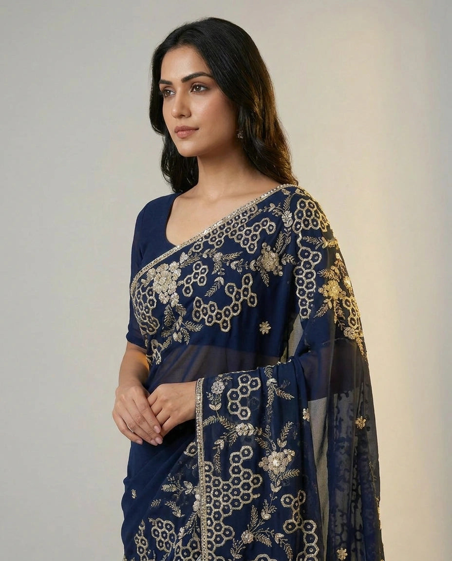 Organza Saree with Embroidered Scalloped Border for Women - Rangoli India
