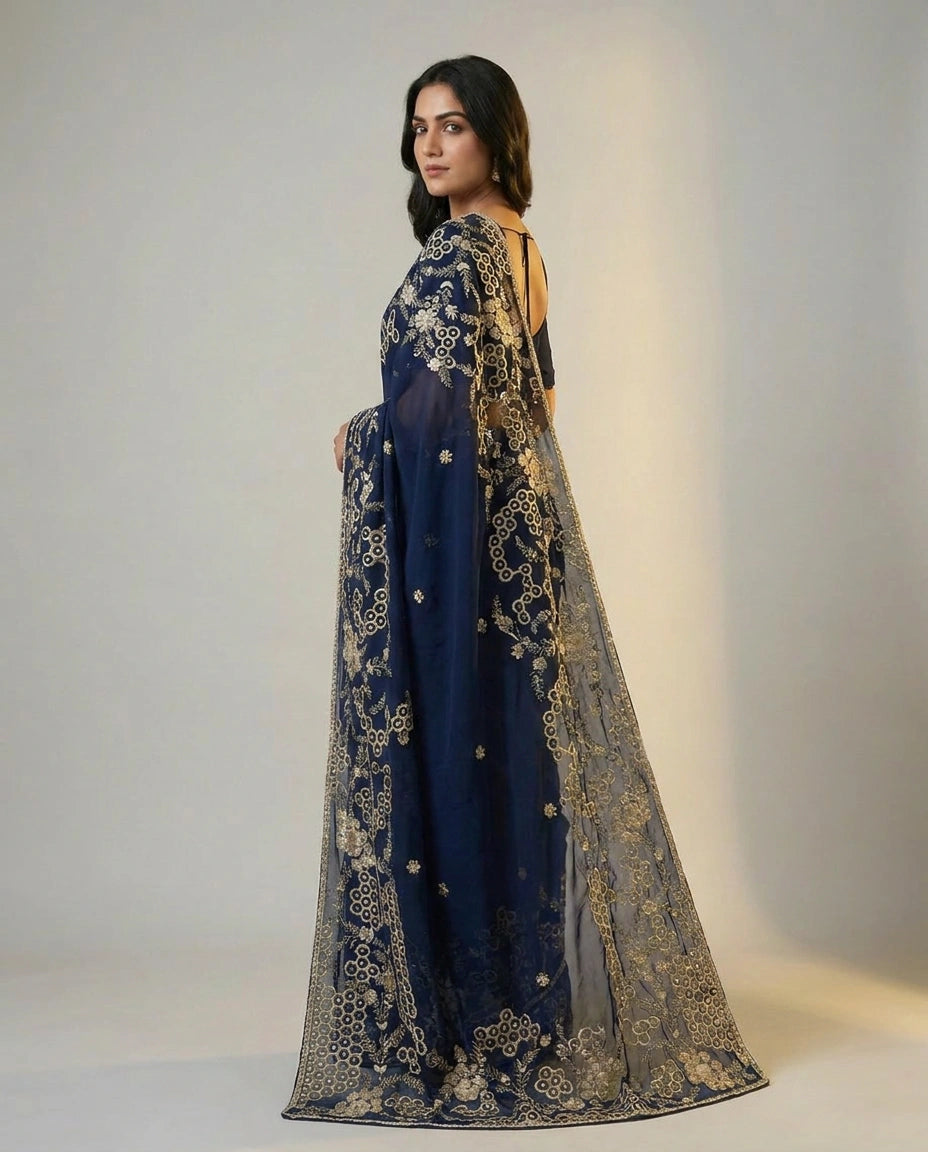 Organza Saree with Embroidered Scalloped Border for Women - Rangoli India