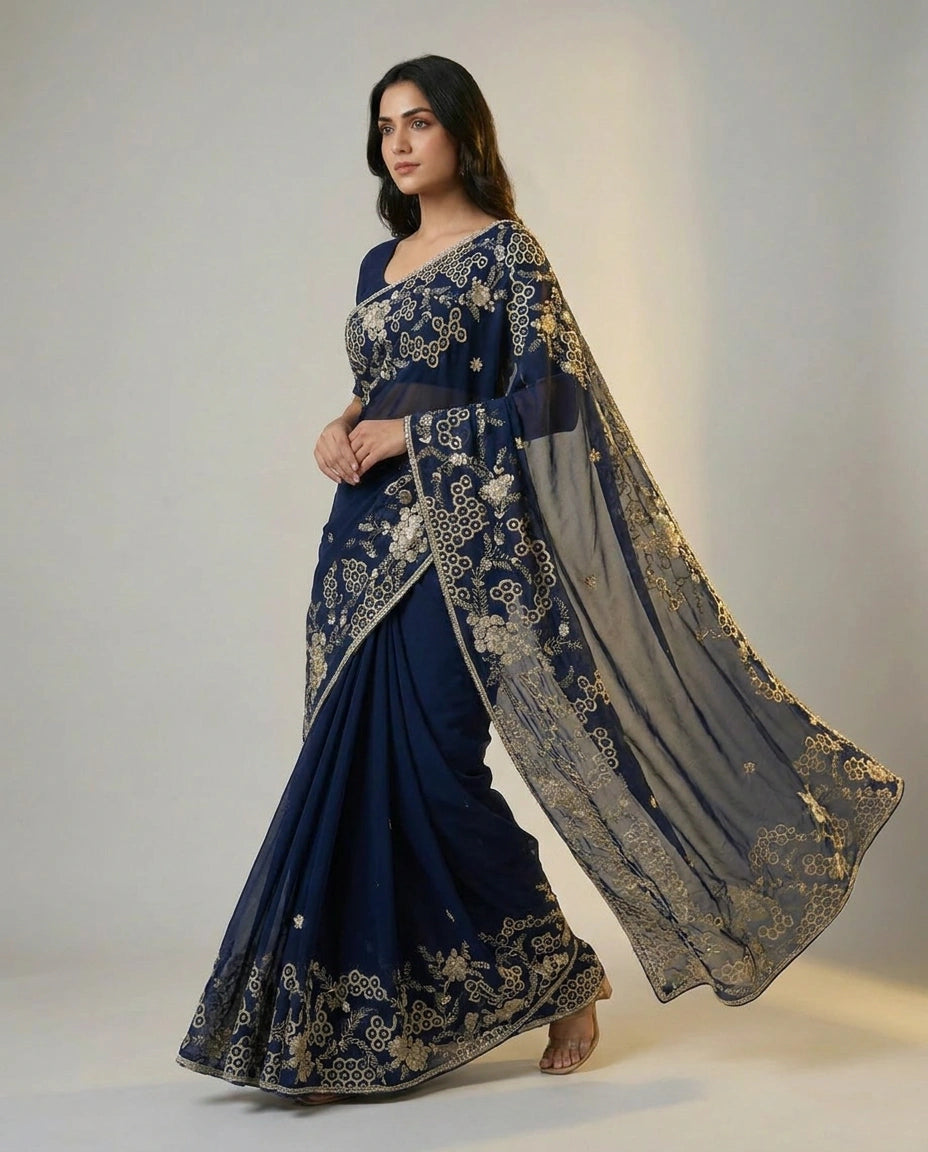 Organza Saree with Embroidered Scalloped Border for Women - Rangoli India