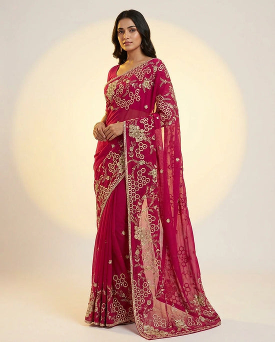 Organza Saree with Embroidered Scalloped Border for Women - Rangoli India
