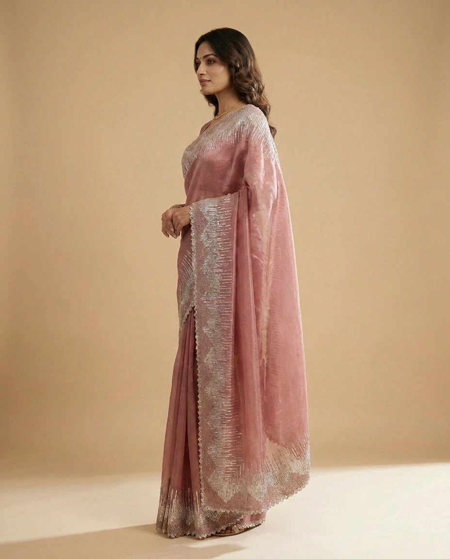 Tissue Saree with Intricate Zari and Resham Embroidery Work view 3