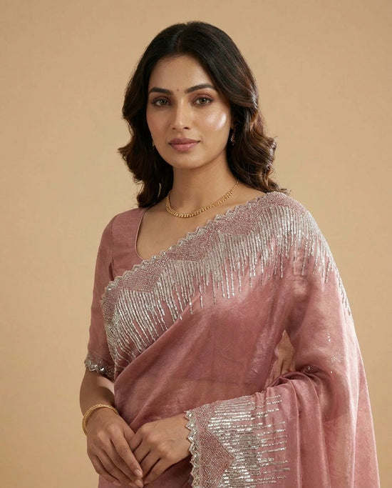 Tissue Saree with Intricate Zari and Resham Embroidery Work view 4