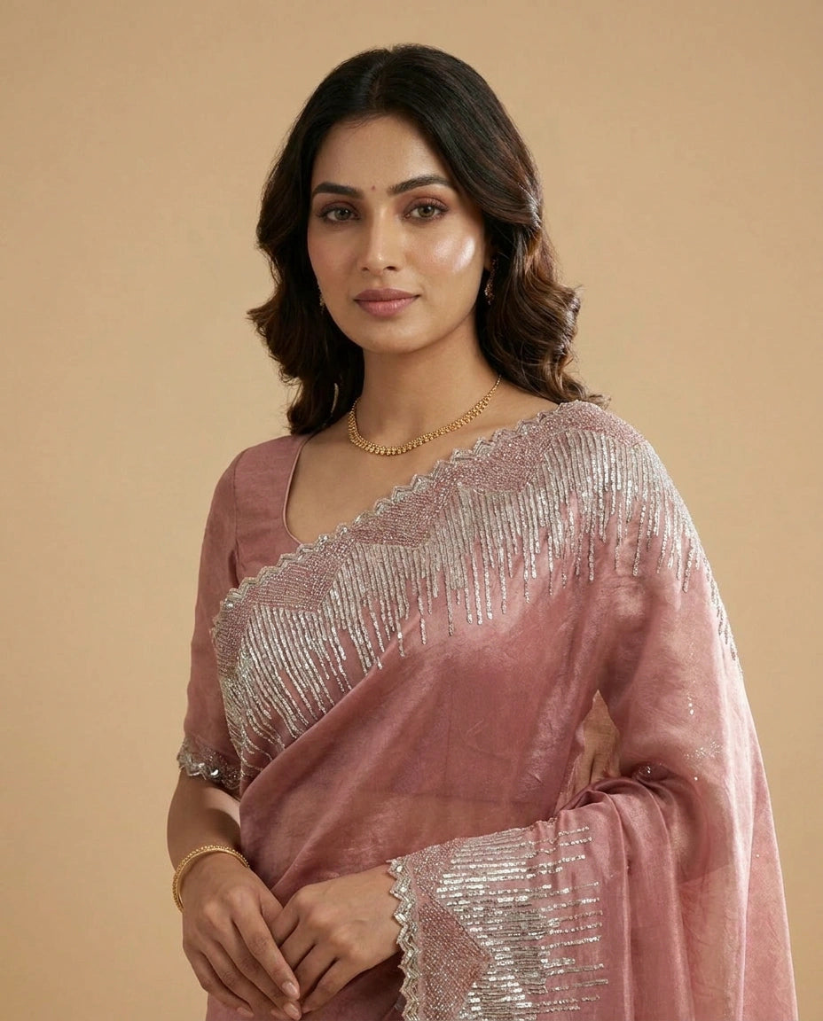 Tissue Saree with Intricate Zari and Resham Embroidery Work view 4