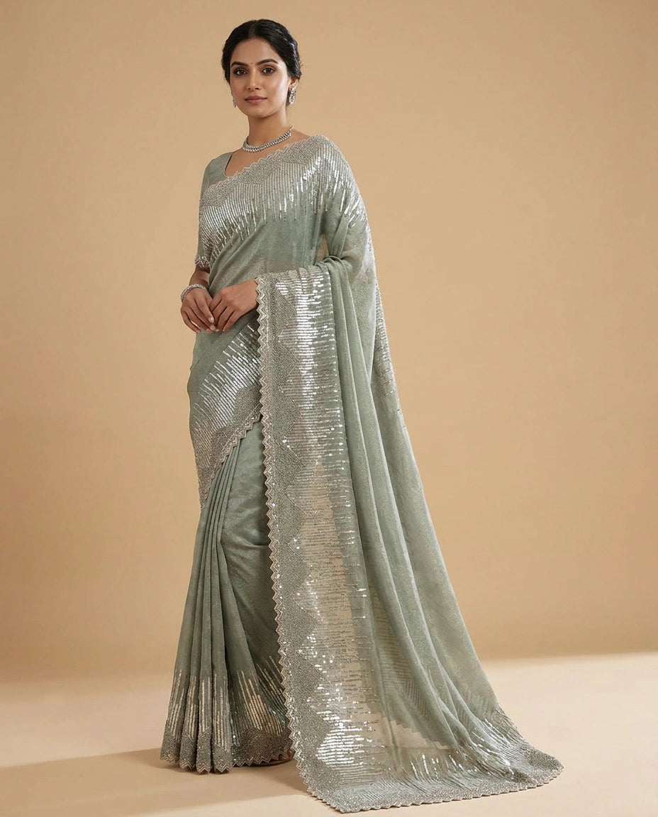 Tissue Saree with Intricate Zari and Resham Embroidery Work view 5