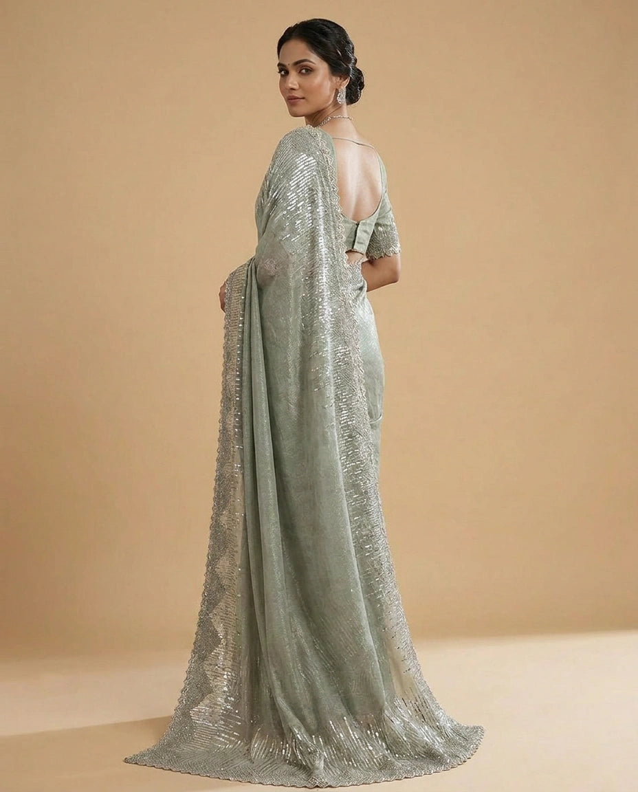 Tissue Saree with Intricate Zari and Resham Embroidery Work view 6