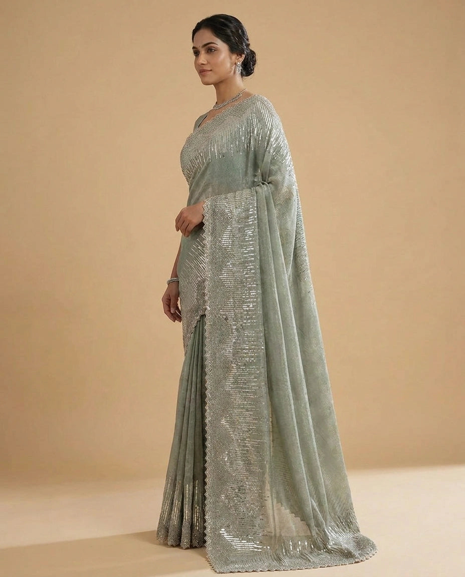 Tissue Saree with Intricate Zari and Resham Embroidery Work view 7