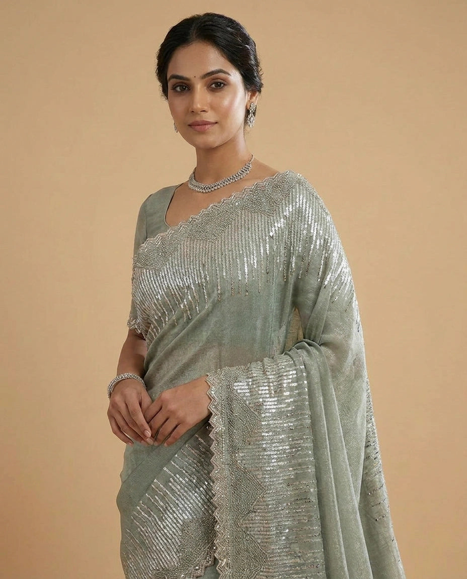 Tissue Saree with Intricate Zari and Resham Embroidery Work view 8