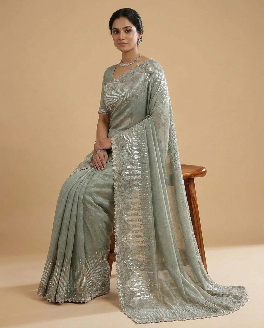 Tissue Saree with Intricate Zari and Resham Embroidery Work view 9