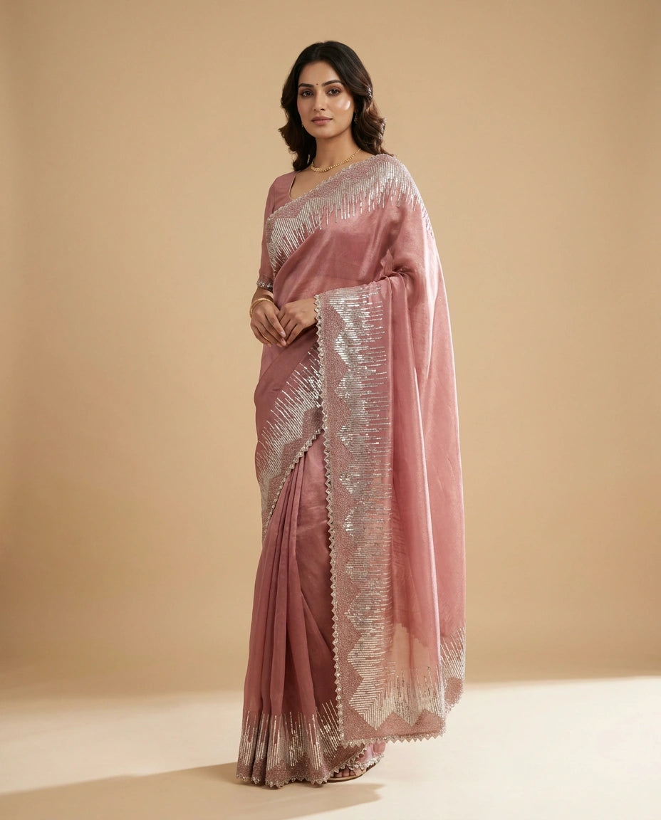 Pink Tissue Saree with Intricate Zari and Resham Embroidery Work