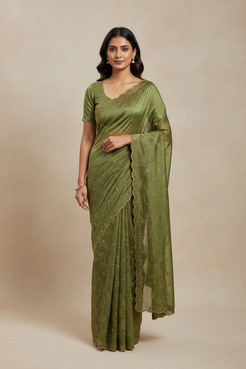 Embroidered Tissue Silk Saree with Traditional Motifs