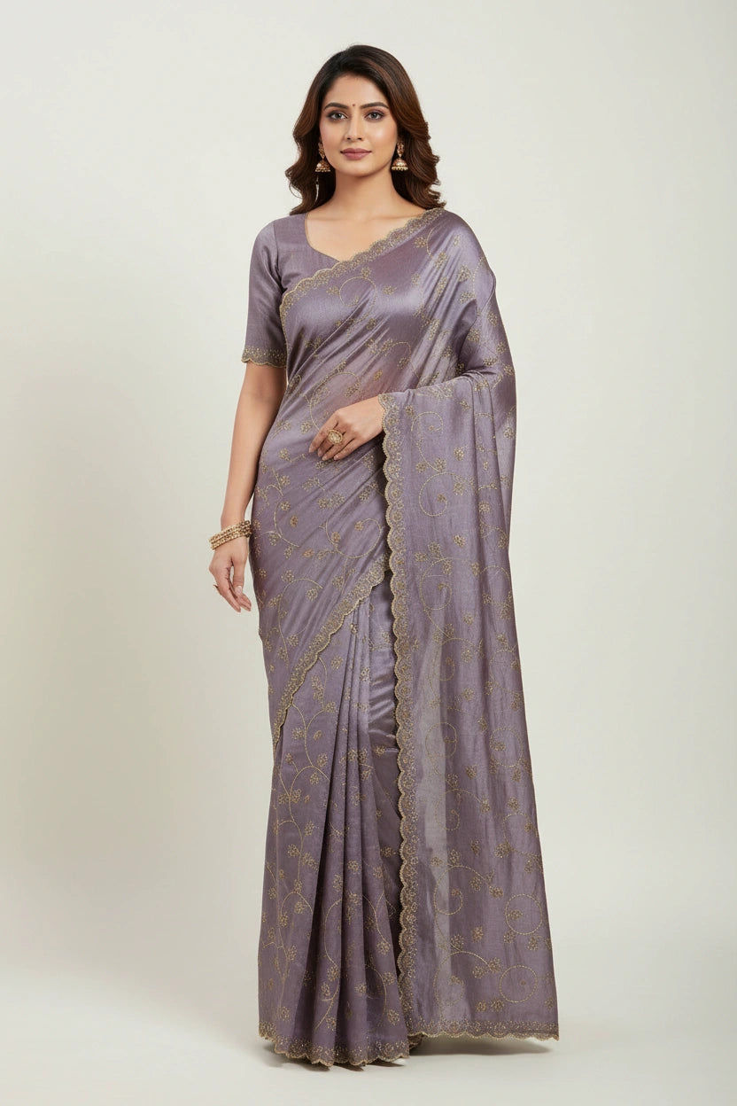 Embroidered Tissue Silk Saree with Traditional Motifs