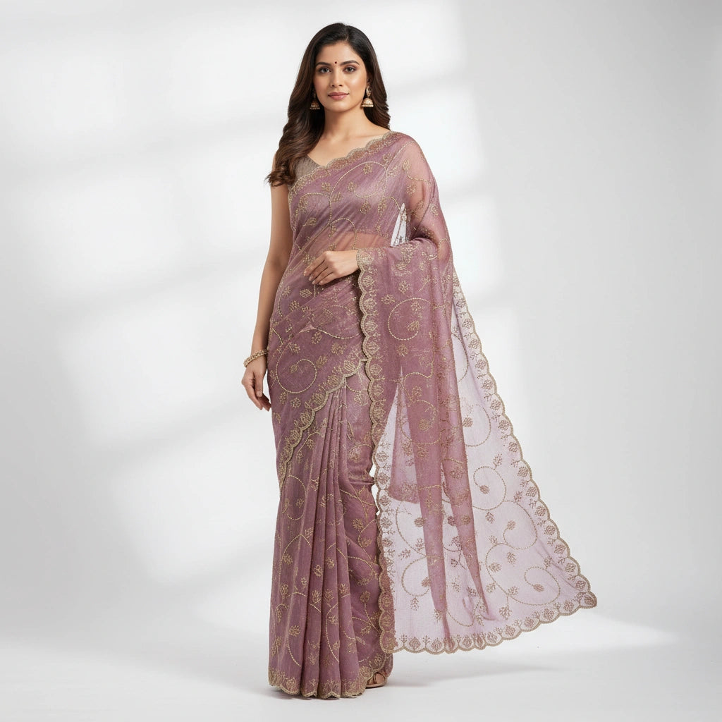 Embroidered Tissue Silk Saree with Traditional Motifs