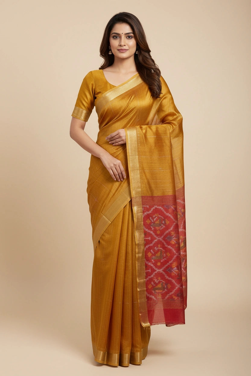 Handcrafted Cotton Linen Bengal Cotton Saree - Mustard/Red | Rangoli