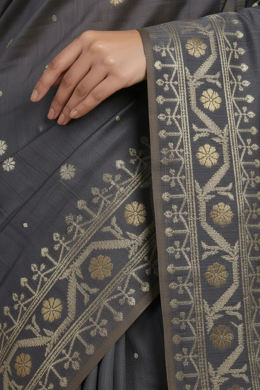Dark fabric with intricate gold embroidery on a plain background