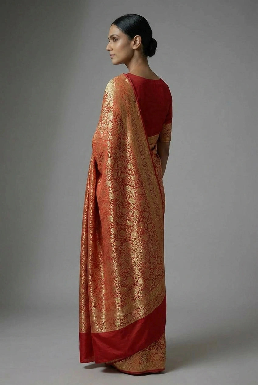 Woman wearing a red blouse and orange saree with gold patterns against a gray background