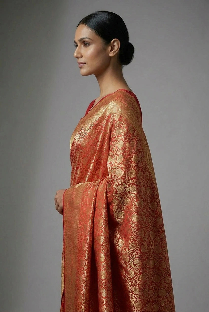Woman wearing a red and gold traditional outfit against a gray background