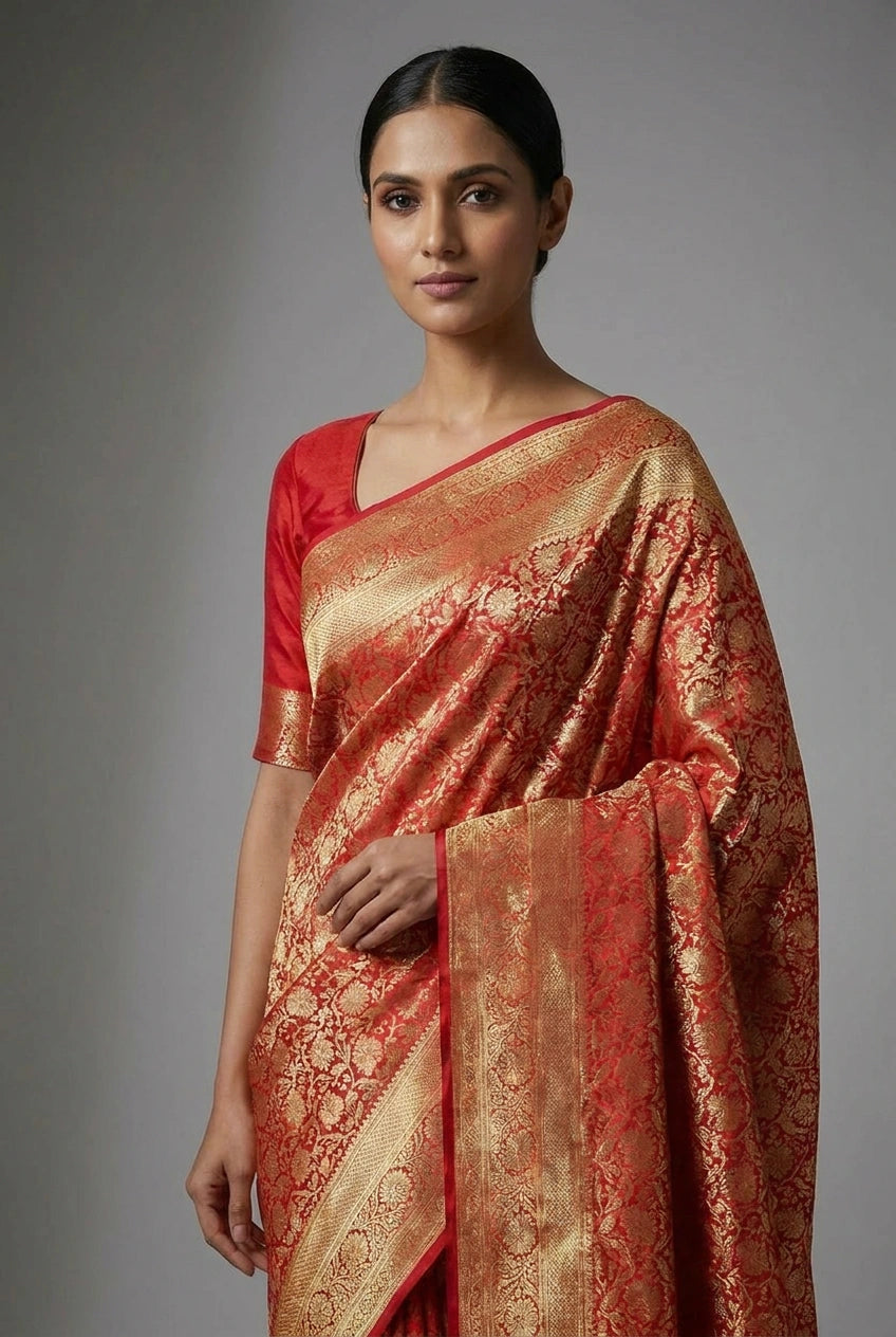 Woman wearing a red and gold saree against a gray background