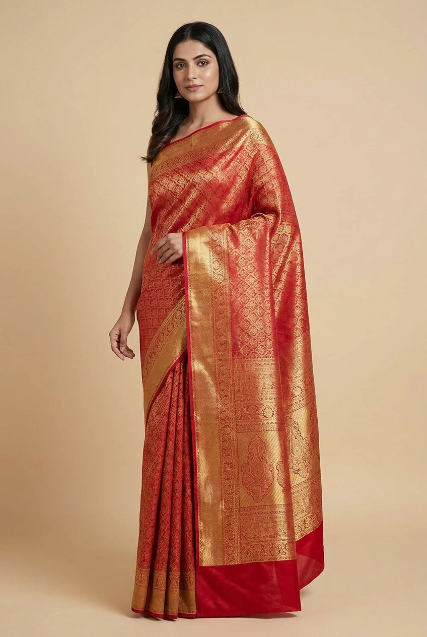 Woman wearing a red and gold saree on a beige background