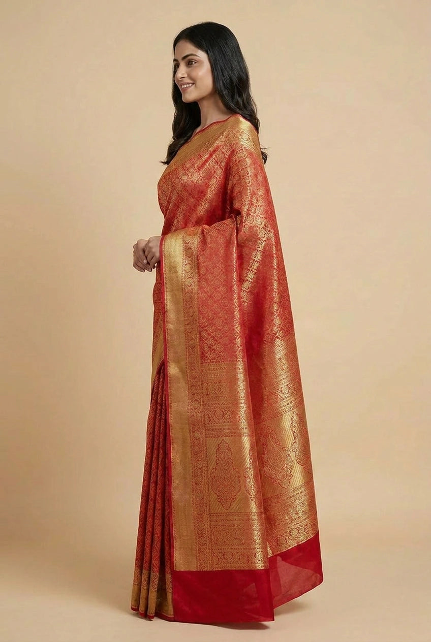 Woman wearing a red saree with gold patterns on a beige background