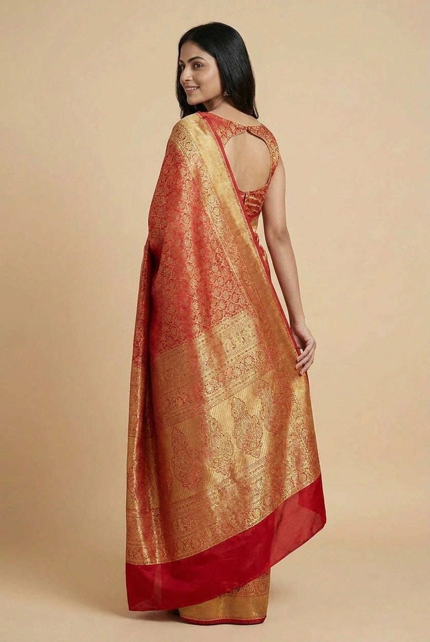 Woman wearing a traditional saree with a gold and red pattern on a beige background