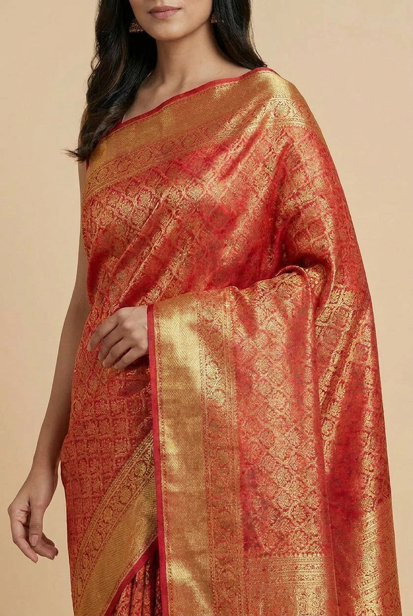 Red and gold saree with intricate patterns on a beige background