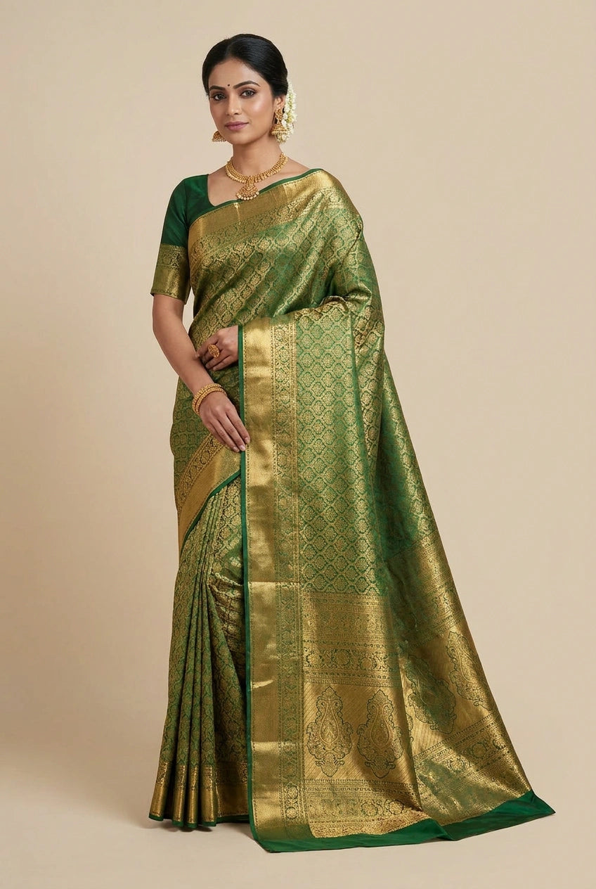 Woman wearing a green and gold saree with a beige background