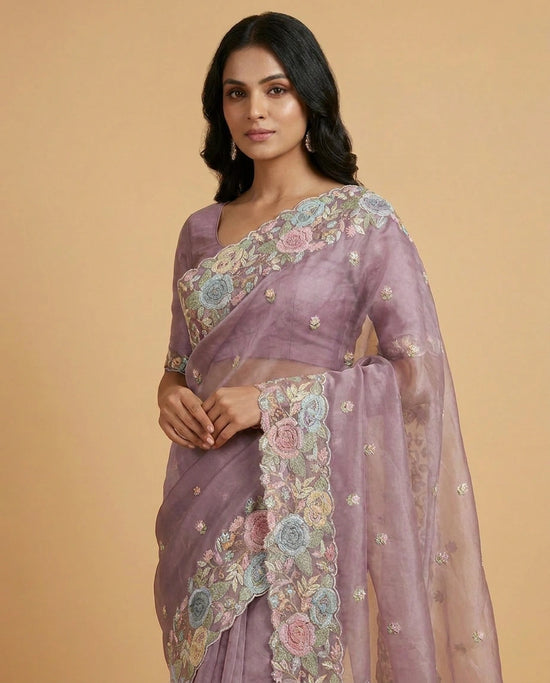Organza Saree with Foil Print and Sequin Work for Women - Rangoli India