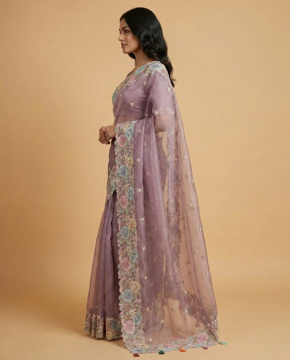 Organza Saree with Foil Print and Sequin Work for Women - Rangoli India