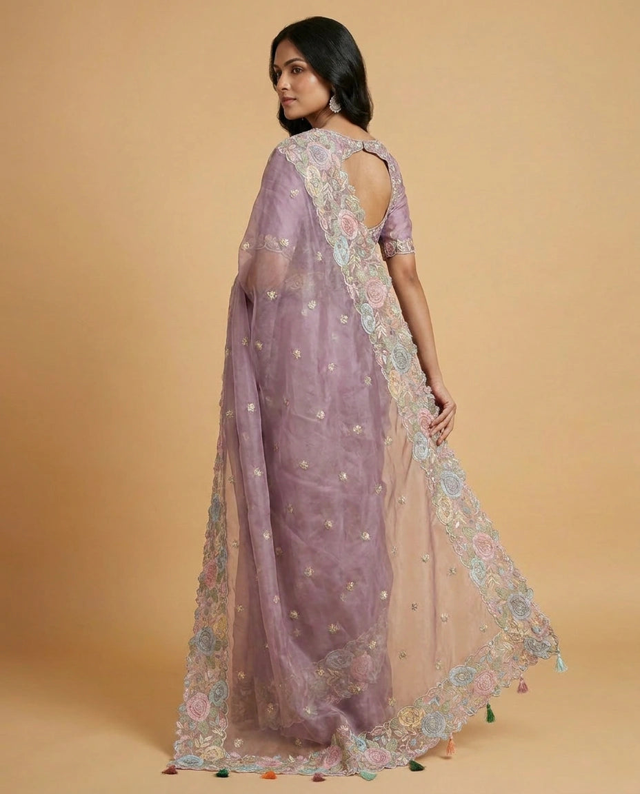 Organza Saree with Foil Print and Sequin Work for Women - Rangoli India