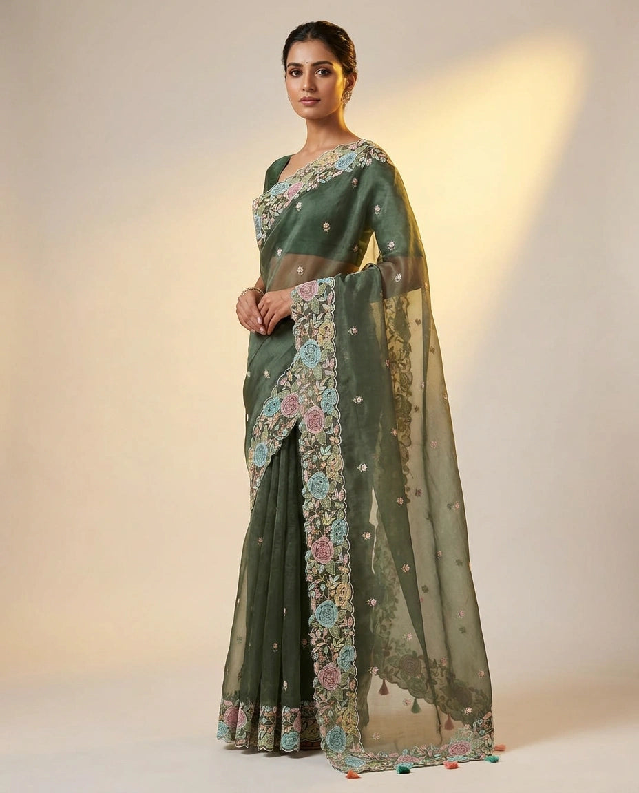 Organza Saree with Foil Print and Sequin Work for Women - Rangoli India