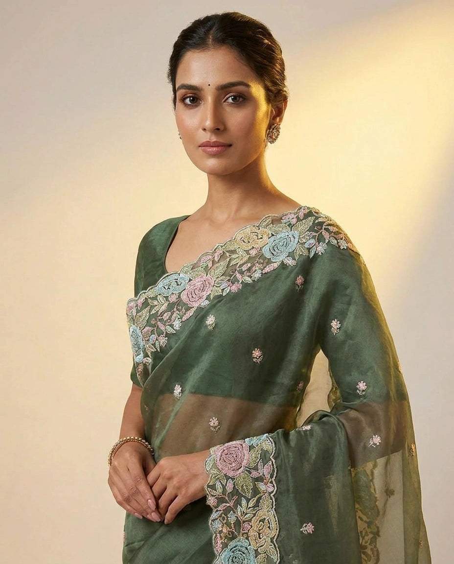 Organza Saree with Foil Print and Sequin Work for Women - Rangoli India