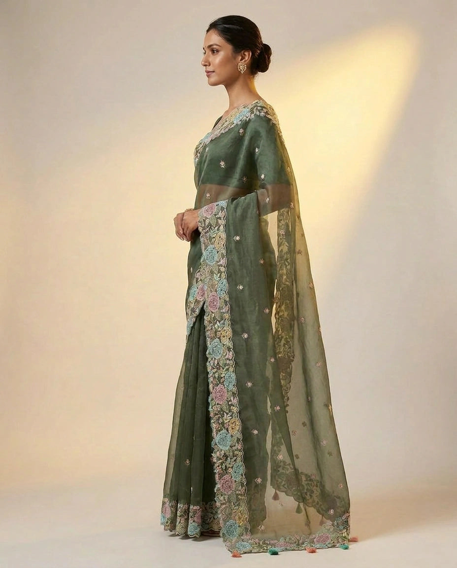 Organza Saree with Foil Print and Sequin Work for Women - Rangoli India