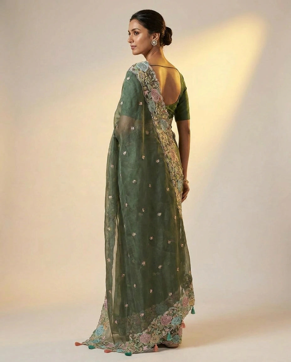 Organza Saree with Foil Print and Sequin Work for Women - Rangoli India