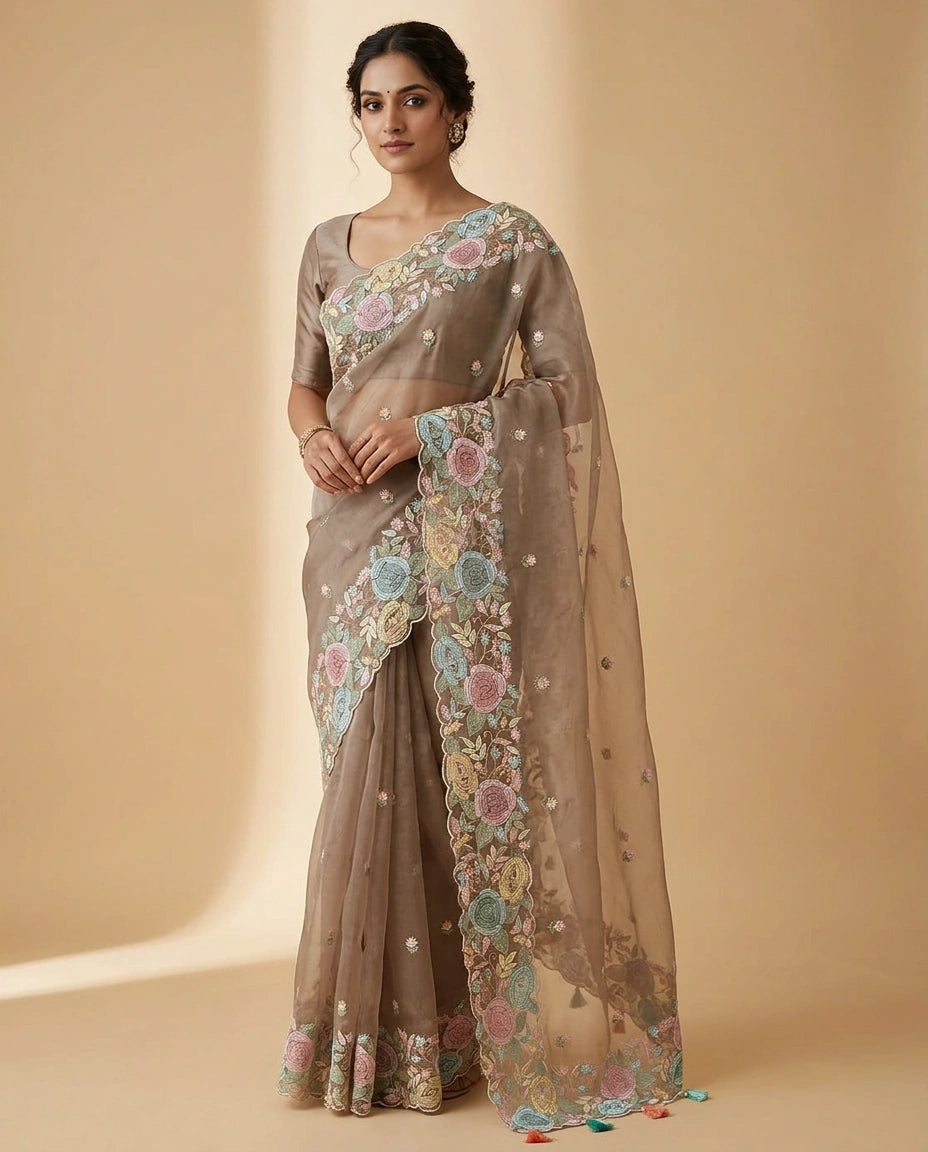 Organza Saree with Foil Print and Sequin Work for Women - Rangoli India