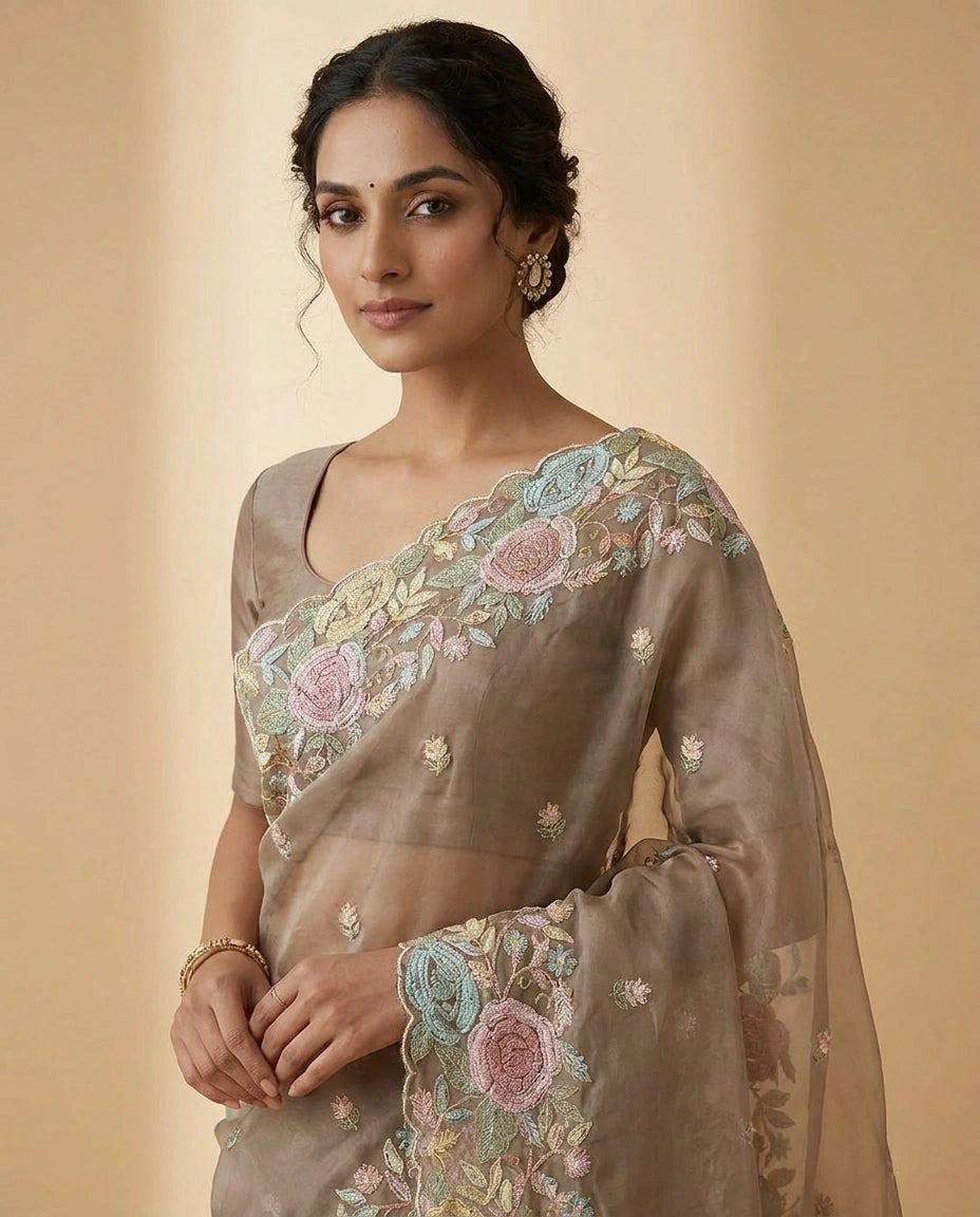 Organza Saree with Foil Print and Sequin Work for Women - Rangoli India