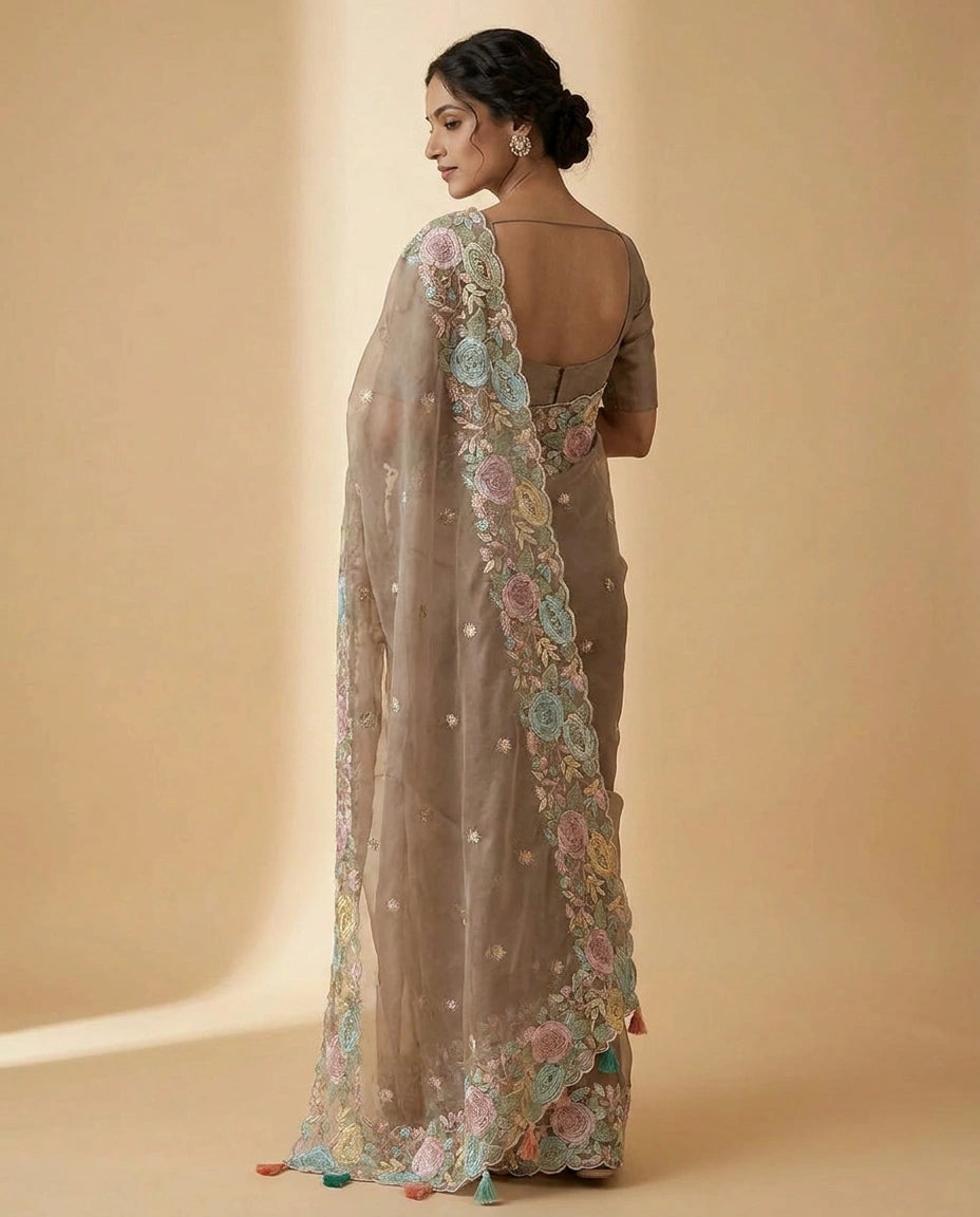 Organza Saree with Foil Print and Sequin Work for Women - Rangoli India