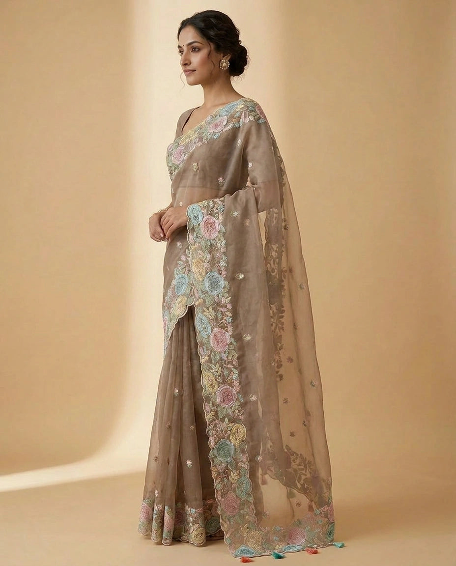 Organza Saree with Foil Print and Sequin Work for Women - Rangoli India