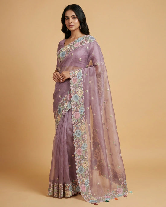 Organza Saree with Foil Print and Sequin Work for Women - Rangoli India