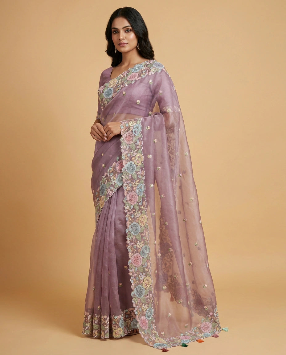 Organza Saree with Foil Print and Sequin Work for Women - Rangoli India
