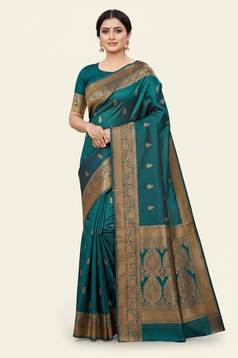 Handcrafted Pure Silk Katan South Indian Woven Silk Saree - Blue | Rangoli